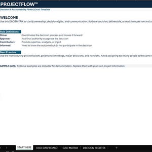 Puede incluir: Una plantilla digital de Excel titulada PROJECTFLOW Decision & Accountability Matrix. El documento incluye una sección de bienvenida, definiciones de roles para Driver, Approver, Contributors e Informed, mejores prácticas y una nota sobre datos de muestra.