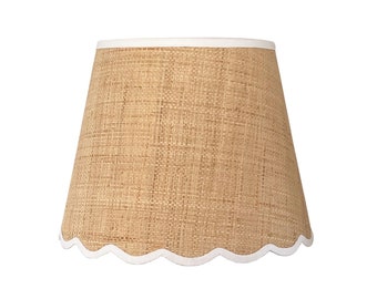 Large Raffia Linen-Trimmed Scalloped Lamp Shade - Multiple Trim Colors