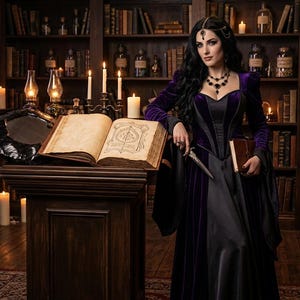 Könnte beinhalten: Ein langärmeliges Kleid aus violettem und schwarzem Samt mit herzförmigem Ausschnitt, getragen mit einer dunklen Perlenkette und Kopfschmuck. Das Kleidungsstück hat ein eng anliegendes Oberteil, lange fließende Ärmel und einen bodenlangen Rock.