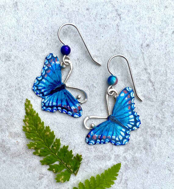 Blue Purple Red butterfly earrings 3D dangle 1 5/8