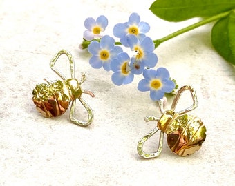Handmade Jeweler's Brass and Sterling Bumblebee Post Earrings