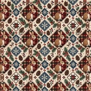 Könnte beinhalten: Ein sich wiederholendes Muster mit braunen Kaninchen in roten Schals, Kiefernzweigen mit roten Beeren, braunen Tannenzapfen, weißen Schneeflocken und geometrischen Sternmotiven auf cremefarbenem Grund mit dunkelroten und grünen Karorauten.