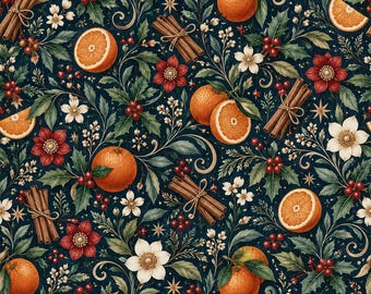 May include: A seamless pattern on a dark navy background featuring orange slices, whole oranges, bundles of cinnamon sticks tied with twine, red poinsettia flowers, white blossoms, green holly leaves, and small red berries in a botanical arrangement.