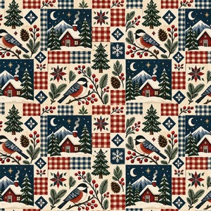 Tela de patchwork 100% algodón con estampado de cabaña de invierno, cortada a medida, tela para patchwork, tela para costura navideña a pequeña escala, estampado de cabaña y pájaros navideños.