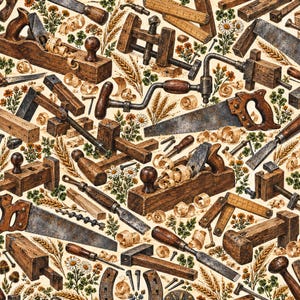 May include: A repeating pattern featuring vintage woodworking tools including hand planes, saws, chisels, and wooden clamps, interspersed with illustrations of wheat stalks, small white flowers, and wood shavings on a light background.