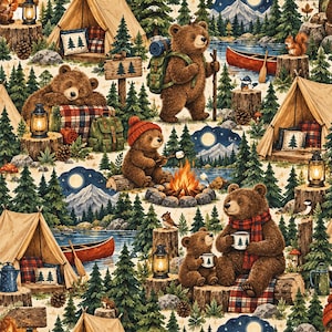 May include: A patterned fabric featuring brown bears camping in a forest. The design includes bears with backpacks, roasting marshmallows over a campfire, and drinking from mugs. Tents, red canoes, pine trees, lanterns, and mountains are visible.