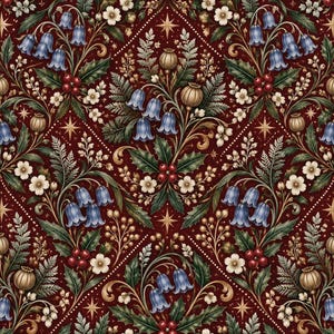 May include: A repeating pattern on a deep red background featuring blue bell-shaped flowers, white blossoms, green holly leaves with red berries, tan seed pods, and delicate fern fronds, all arranged within a diamond grid accented by small stars.
