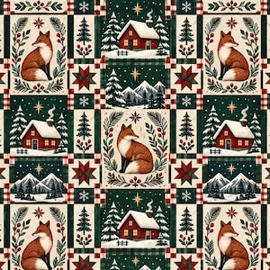 Winter Fox Cabin Patchwork 100% Cotton Fabric by Yard, Quilting Fabric, Small Scale Woodland Christmas Sewing Fabric