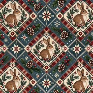 Winter Woodland Bunny 100% Cotton Fabric by Yard, Quilting Fabric, Holiday Rabbit & Pinecone Print, Small Scale Christmas Sewing Fabric