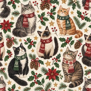 May include: A repeating pattern on a cream background featuring various cats wearing knit scarves with snowflake and tree motifs, interspersed with red holly berries, green pine needles, brown pinecones, red poinsettias, and gold stars.