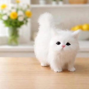 Könnte beinhalten: Eine kleine, flauschige weiße Katzenfigur mit langem, weich aussehendem Fell, spitzen Ohren und einem erhobenen Schwanz. Das Kätzchen hat große, dunkle, ausdrucksstarke Augen und eine kleine rosa Nase und steht auf einer hellen Holzoberfläche.