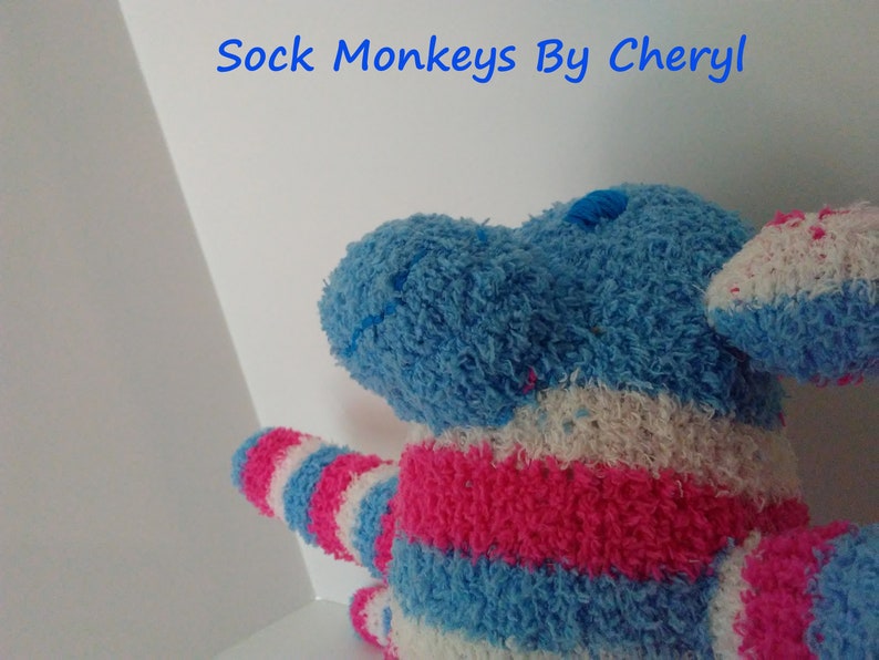 Fuzzy Sock Monkey Toy Pink Blue White Stripe Soft Plush Doll Handmade