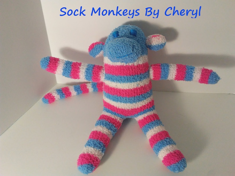 Fuzzy Sock Monkey Toy Pink Blue White Stripe Soft Plush Doll Handmade