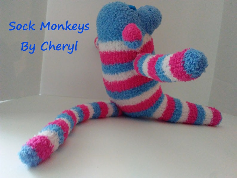 Fuzzy Sock Monkey Toy Pink Blue White Stripe Soft Plush Doll Handmade