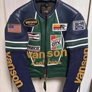 Jaqueta de couro Vanson Star Racing, estilo bomber universitário verde e azul marinho, casaco streetwear para automobilismo.