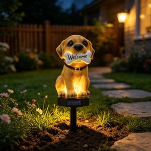 May include: A golden-brown puppy garden stake light featuring a black collar and a white bone-shaped sign in its mouth with the word Welcome printed in black. The figure is illuminated from within and mounted on a black solar-powered base.