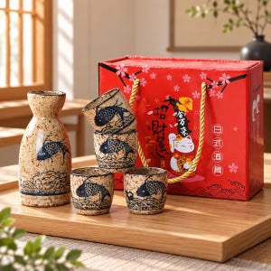 Peut inclure: Un service à saké en céramique comprenant une bouteille beige mouchetée et quatre tasses assorties, ornées d'un motif de poisson bleu et de vagues. L'ensemble est présenté dans une boîte cadeau rouge avec des fleurs de cerisier.