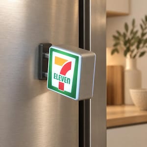 Puede incluir: Un letrero cuadrado e iluminado de 7-Eleven montado sobre una superficie de acero inoxidable cepillado. El letrero presenta un fondo blanco con un borde verde, un número 7 naranja estilizado, una forma curva roja y la palabra ELEVEN en letras mayúsculas verdes.