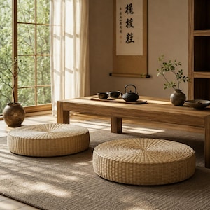 Japandi golvkudde, rund puff i naturligt halm, japansk golvsits, vävd meditationskudde, tatami terumsdekor, 40 cm