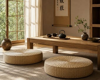 Japandi Floor Cushion, Natural Straw Round Pouf, Japanese Floor Seat, Woven Meditation Cushion, Tatami Tea Room Decor, 40cm