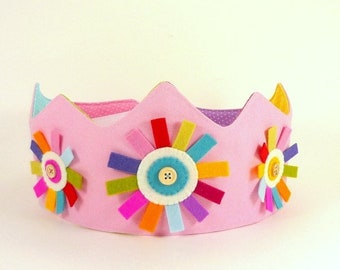 Rainbow Play Crown - Perfect for Birthdays or Dress-up - Light Pink  Canvas Crown with Wool Felt Rainbow Flower - Fabric Crown for Girls
