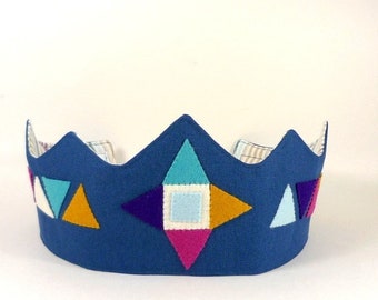 Dress-Up Crown for Boy - Perfect Party Crown - Navy Blue Crown with Wool Felt Geometric Decoration - Birthday Crown - Fabric Play Crown