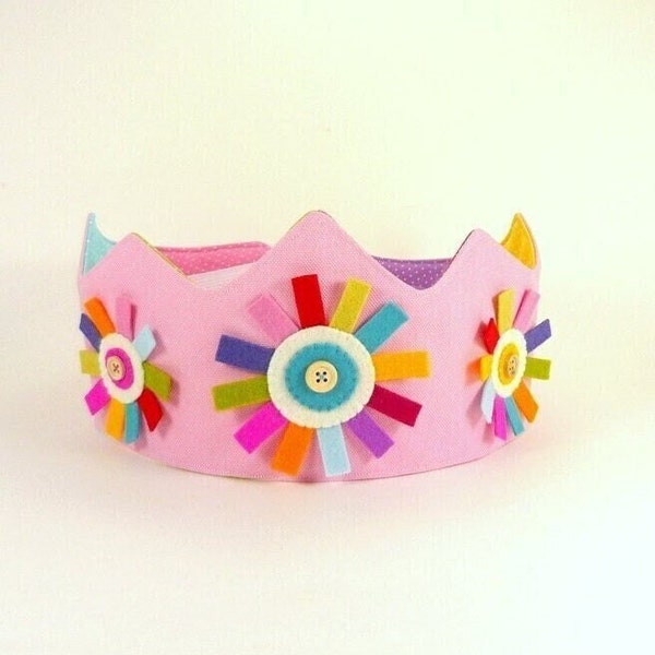 Rainbow Play Crown - Perfect for Birthdays or Dress-up - Light Pink  Canvas Crown with Wool Felt Rainbow Flower - Fabric Crown for Girls