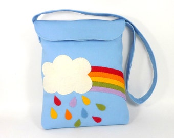 kids messenger bag  |  perfect for holding small toys and crayons  |  blue kids messenger bag with rainbow applique