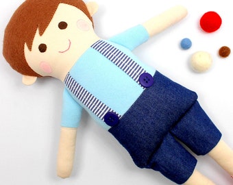 boy rag doll / doll for boys / boy doll in blue and red / boy rag doll in shorts / gift for boys / personalized gift / boy room decoration