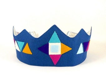 Dress-Up Crown for Boy - Perfect Party Crown - Navy Blue Crown with Wool Felt Geometric Decoration - Birthday Crown - Fabric Play Crown