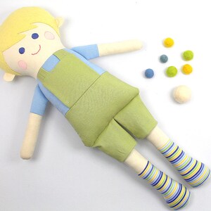 boy rag doll / doll for boys / boy doll in green and blue / boy rag doll in overalls / gift for boys / blonde boy doll / boy room decoration image 5