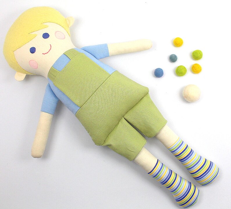 boy rag doll / doll for boys / boy doll in green and blue / boy rag doll in overalls / gift for boys / blonde boy doll / boy room decoration image 5