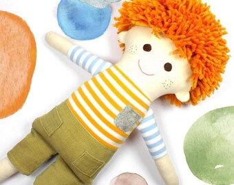 doll with yarn hair / ginger boy doll / red hair doll / sensory toys / boy room decor / waldorf inspired doll / freckle doll / keepsake gift