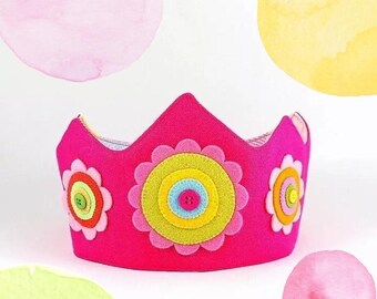 birthday crown / flower rainbow play crown /  dress up crown / pink crown with flowers / pretend play for kids / rainbow toys