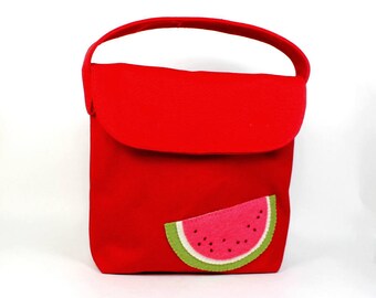 lunch tote for kids | lunch bag | organic canvas tote | school lunch bag | kid snack tote | red snack tote | watermelon applique | lunch box