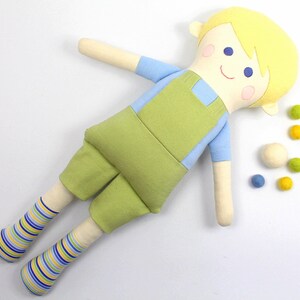 boy rag doll / doll for boys / boy doll in green and blue / boy rag doll in overalls / gift for boys / blonde boy doll / boy room decoration image 3