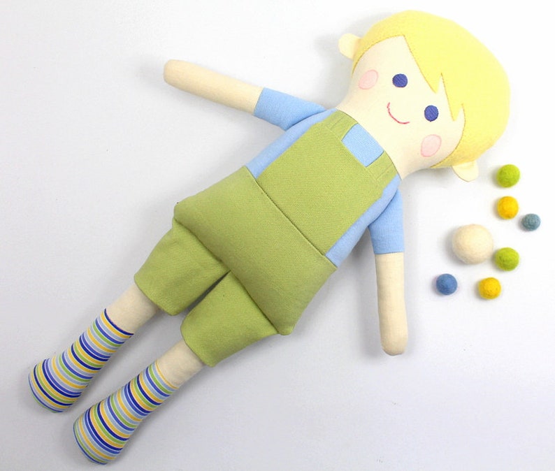 boy rag doll / doll for boys / boy doll in green and blue / boy rag doll in overalls / gift for boys / blonde boy doll / boy room decoration image 3