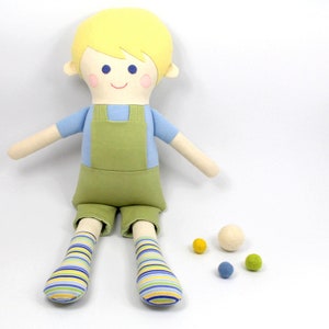 boy rag doll / doll for boys / boy doll in green and blue / boy rag doll in overalls / gift for boys / blonde boy doll / boy room decoration image 6