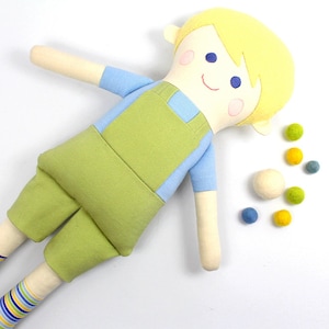 boy rag doll / doll for boys / boy doll in green and blue / boy rag doll in overalls / gift for boys / blonde boy doll / boy room decoration image 1