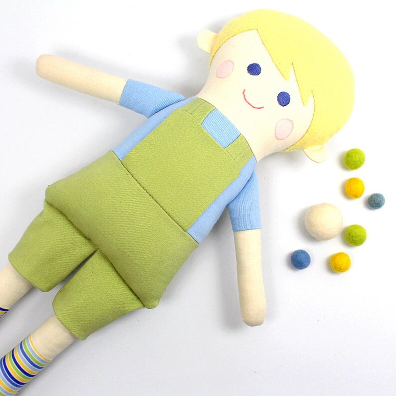 boy rag doll / doll for boys / boy doll in green and blue / boy rag doll in overalls / gift for boys / blonde boy doll / boy room decoration image 1