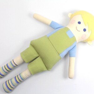 boy rag doll / doll for boys / boy doll in green and blue / boy rag doll in overalls / gift for boys / blonde boy doll / boy room decoration image 9