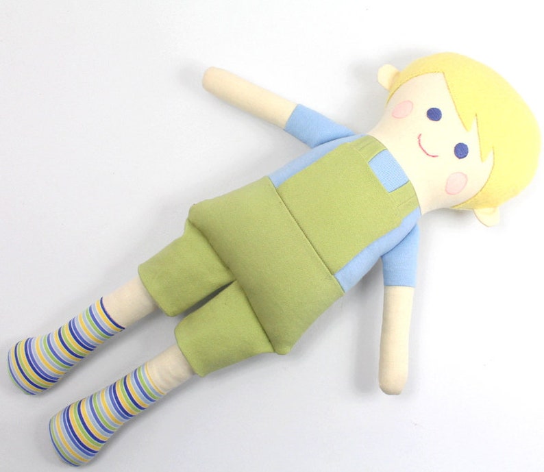 boy rag doll / doll for boys / boy doll in green and blue / boy rag doll in overalls / gift for boys / blonde boy doll / boy room decoration image 9