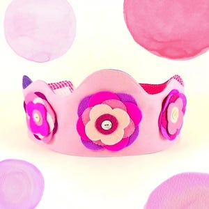 Pink Princess Crown - Perfect for Birthdays or Dress-up - Light Pink  Canvas Crown with Wool Felt  Flower Decoration - Fabric Play Crown
