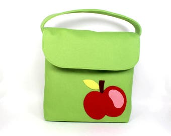 lunch tote for kids | kids snack bag  | organic canvas bag | snack tote  | kids lunch tote | green lunch bag | apple applique lunch box