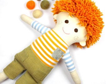 doll with yarn hair / ginger boy doll / red hair doll / sensory toys / boy room decor / waldorf inspired doll / freckle doll / keepsake gift