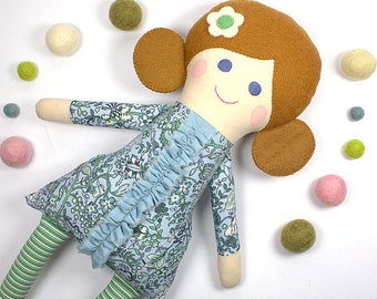 Camille fabric rag doll / brunette doll / textile girl doll in skirt / baby shower gift / personalized birthday gift / nursery room decor