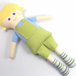 boy rag doll / doll for boys / boy doll in green and blue / boy rag doll in overalls / gift for boys / blonde boy doll / boy room decoration image 10