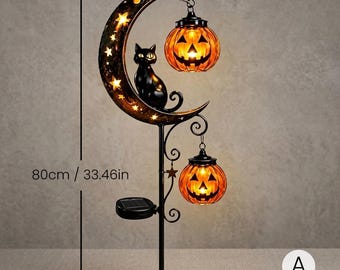 Halloween Solar Garden Stake Light, Black Cat Crescent Moon Pumpkin Lantern, Metal Outdoor Yard Decor, Pathway Lawn Accent