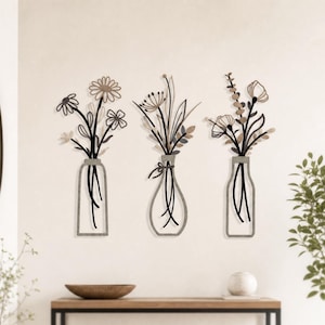 Metal Floral Hallway Wall Hanging | Console Table Flower Art | Entryway Vase Decor Set | Minimalist Home Accent | 3pc Narrow Space Art