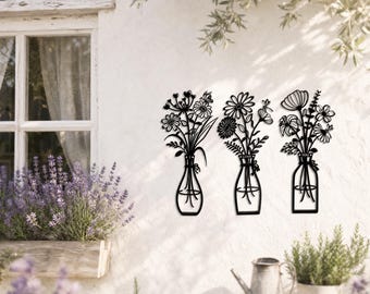 Metal Flower Yard Art Set|Provence Wall Floral Vase Decor|Outdoor Lavender Hanging Trio|French Country Accent|3pc Cottage Garden Gift